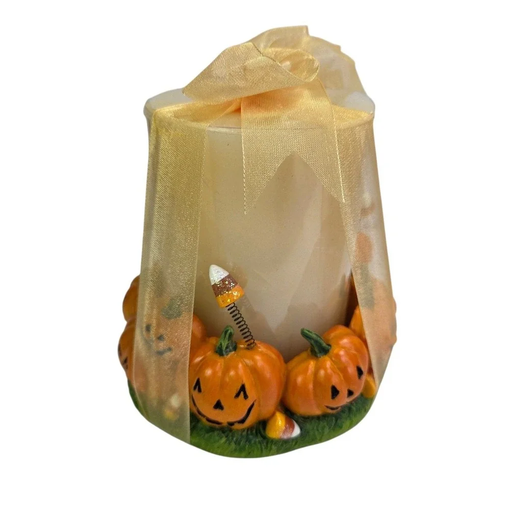 Halloween Pumpkin and Candy Corn Pillar Candle Holder Orange Green Autumn New